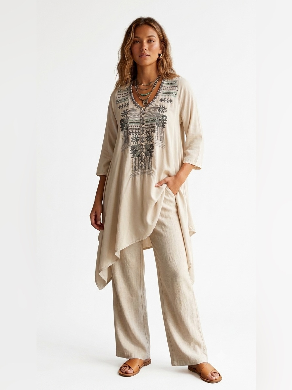 BIYA by Johnny Was Oversized Silk Embroidered Asymmetrical Hem Tunic Dress SZ M